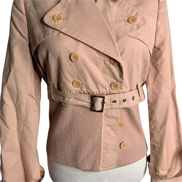Vintage BCBG Button Front Jacket M Pink Belted Ribbed Knit Trim - Picture 3 of 7